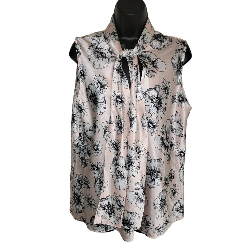 Anne Klein Tie Neck Sleeveless Satin Floral Blouse top Size XL